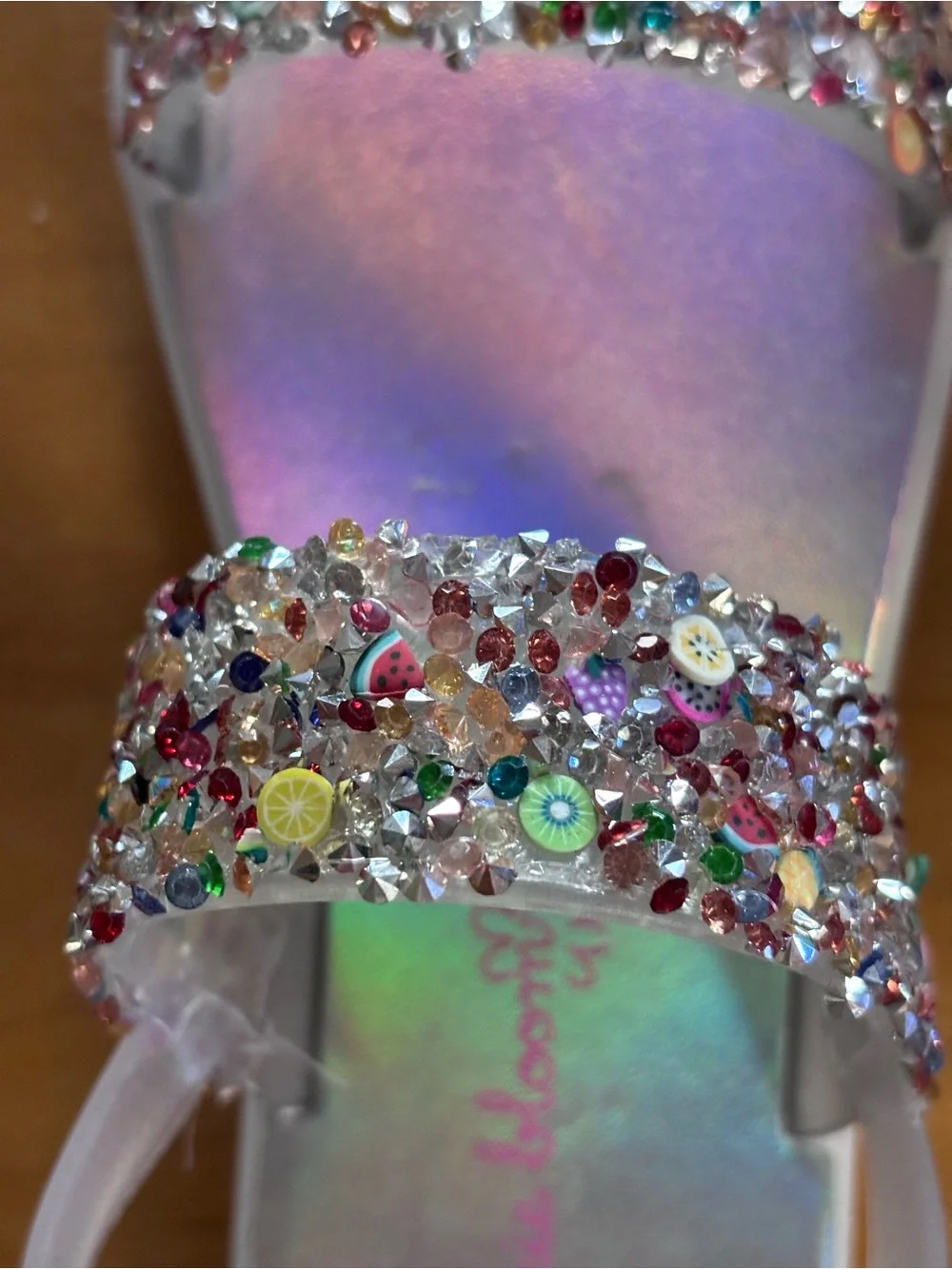 Holographic Jelly Sandals with Multicolor Sequin Straps